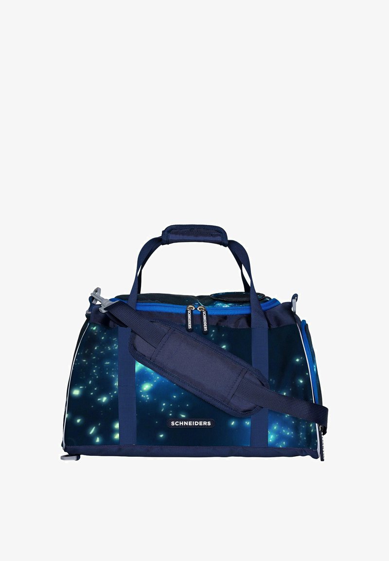 Bolsa de viaje azul marino con diseño estrellado, cierre de doble cremallera, correa acolchada para el hombro y asas resistentes para un fácil transporte.