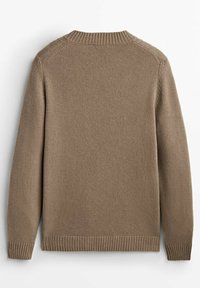 Brauner Wollpullover, Rundhals, gerippte Bündchen und Saum, glatte Textur, schlichtes Design, keine sichtbaren Muster oder Beschläge, rückwärts präsentiert.