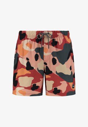 Herren Badehosen im Camouflage-Muster mit Rottönen, Schwarz, Beige und Orange. Elastischer Bund mit Kordelzug.
