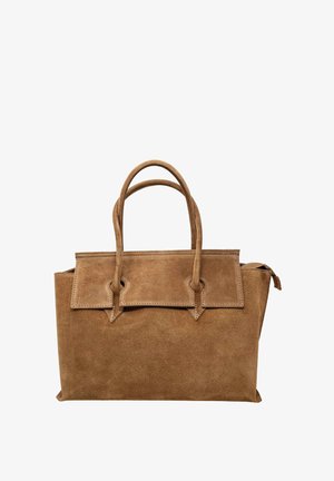 Borsa in suede marrone con doppio manico, forma rettangolare e chiusura a pattina con due tagli circolari e dettagli di cucitura.