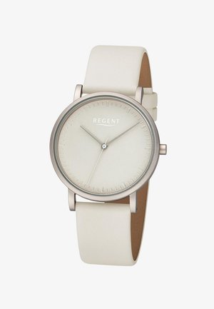 Montre à bracelet en cuir blanc avec un boîtier rond en acier argenté, un cadran minimaliste, des index horaires et le nom de la marque "REGENT" mis en avant.