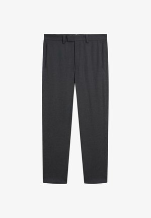 Dark gray trousers with a tailored design, featuring two front pockets and a smooth texture. Made from a lightweight fabric.