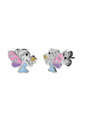 Silver fairy-shaped stud earrings with pink and purple wings, blue dress, holding a yellow star, and small crystal accents on the wings.