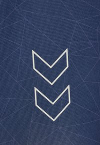 Two white downward chevron arrows on a textured dark blue fabric with a subtle geometric line pattern.