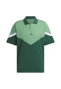 Vihreä ja tumma vihreä lyhythihainen polo-paita, jossa on tumma vihreä kaulus, valkoiset raidat hihoissa ja pieni keskellä oleva logo.