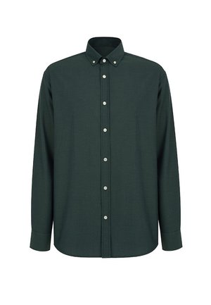 Ciemnozielona koszula z długim rękawem z kołnierzykiem zapinanym na guziki, z przodu z listwą guzikową i białymi guzikami. Wykonana z textured, tkanej tkaniny.