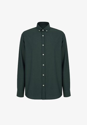 Ciemnozielona koszula z długim rękawem z kołnierzykiem zapinanym na guziki, z przodu z listwą guzikową i białymi guzikami. Wykonana z textured, tkanej tkaniny.