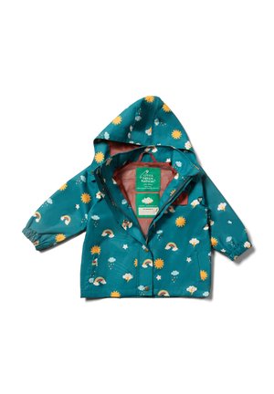 Teal waterproof jacket with rainbow, sun, and cloud patterns. Features a hood, elastic cuffs, and a soft inner lining.