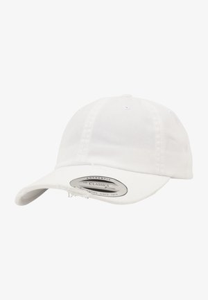 Fehér baseball sapka pamutból, ívelt karimával, állítható pánttal és logóval az elején. Enyhén kopott szélek.