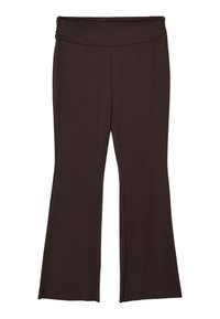 Pantaloni a gamba larga marrone scuro con una vita elastica arricciata, realizzati in un tessuto liscio e leggero.