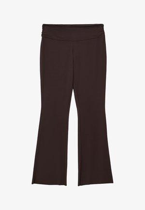 Pantaloni a gamba larga marrone scuro con una vita elastica arricciata, realizzati in un tessuto liscio e leggero.