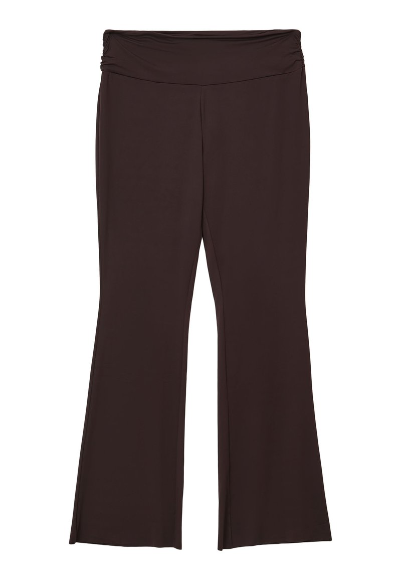 Pantaloni a gamba larga marrone scuro con una vita elastica arricciata, realizzati in un tessuto liscio e leggero.
