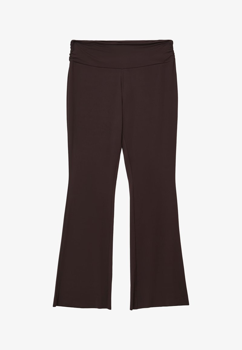 Pantaloni a gamba larga marrone scuro con una vita elastica arricciata, realizzati in un tessuto liscio e leggero.