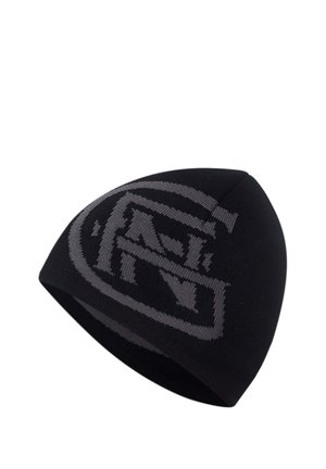 Gorro beanie de punto negro con un gran logo gris estilizado "N" y patrón de borde ovalado en el lateral.