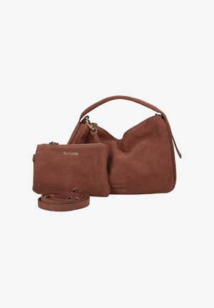 Braunes Wildleder-Handtaschen-Set mit großer Geldbörse, kleiner Reißverschlusstasche und passendem abnehmbarem Schulterriemen.