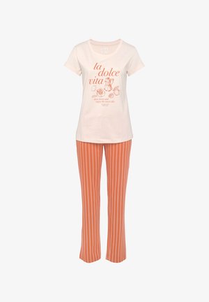 T-shirt en coton rose clair à manches courtes avec impression orange, associé à un pantalon de pyjama à rayures orange en tissu doux.
