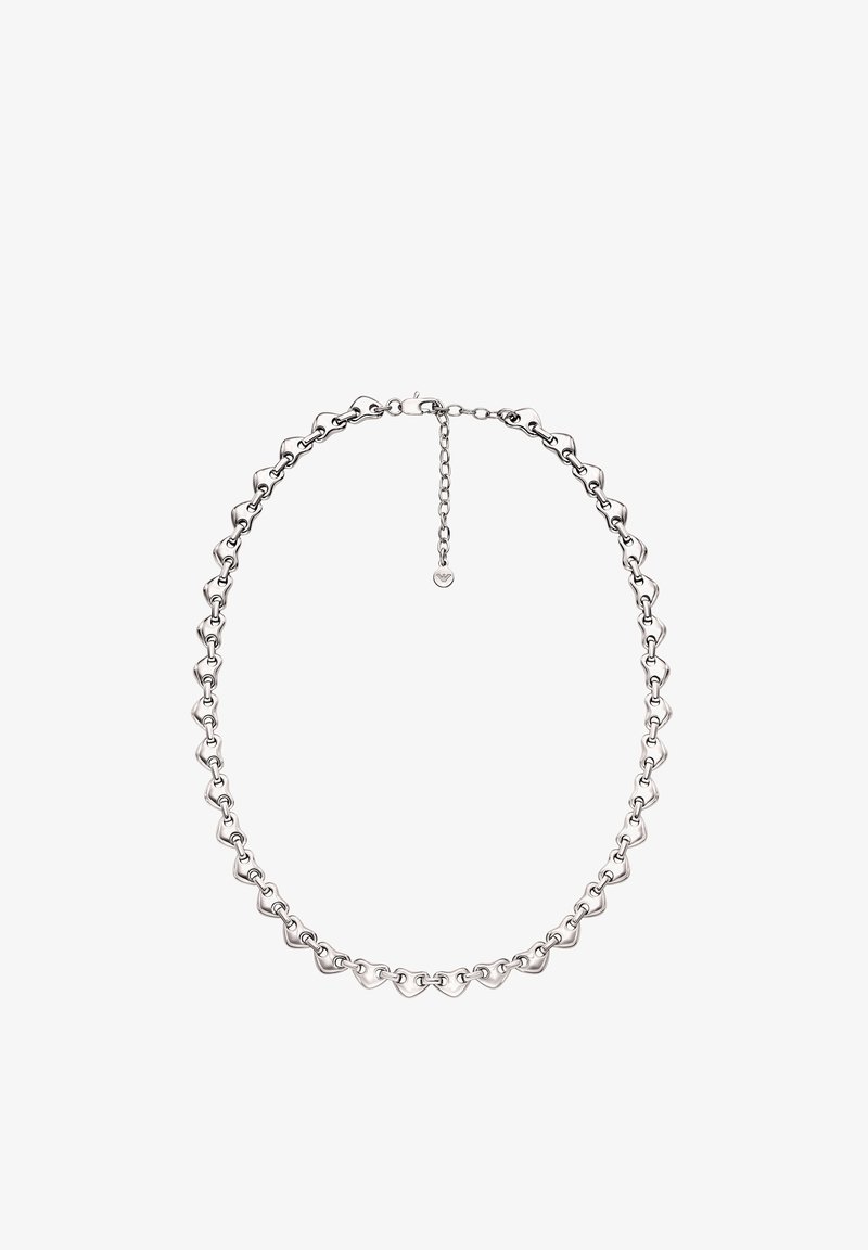Collier ton argent avec des maillons en forme de cœur, texture lisse, longueur ajustable avec un fermoir et une chaîne d'extension.
