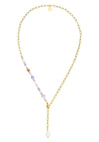 Goldhalskette mit gemischten Perlen in Lila, Weiß und Gold. Sie hat eine Y-Form mit einem Perlenanhänger am Ende und einem runden Anhänger.