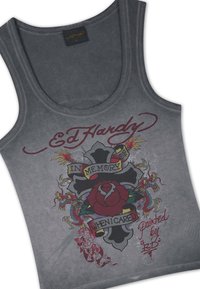 Grey Ed Hardy tank top with tattoo-style graphic of cross, rose, dragons, and text reading "In memory of when I cared."