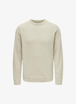 Helles beigefarbenes Strickpullover mit rundem Halsausschnitt, langen Ärmeln und gerippten Bündchen. Die Textur ist weich und leicht strukturiert.