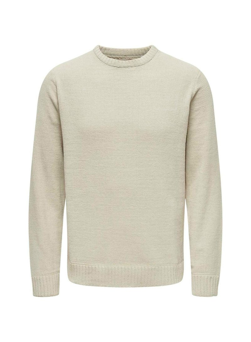Suéter de punto beige claro con cuello redondo, mangas largas y puños acanalados. La textura es suave y ligeramente texturizada en toda su superficie.
