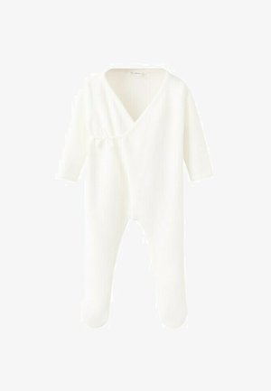 Tutina bianca per neonati a maniche lunghe con piedi coperti e chiusura laterale a fiocco, realizzata in morbido tessuto a maglia.