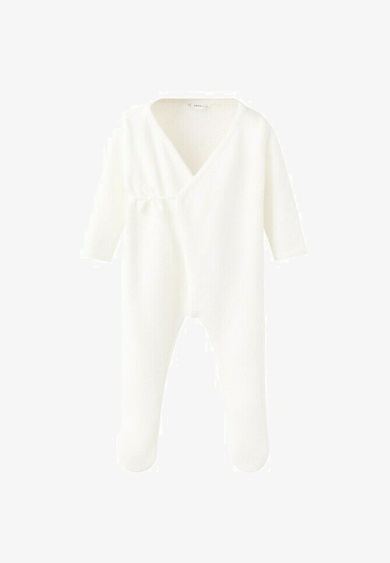 White long-sleeve baby onesie with footed legs and a side tie closure, made of soft knit fabric.
