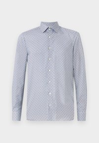 Light blue button-up shirt with a geometric pattern in red and navy. Features a pointed collar and long sleeves. Made from a smooth fabric.