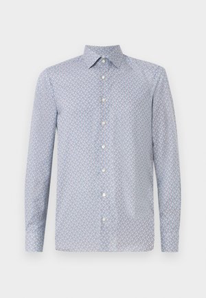 Světle modrá košile na knoflíky s geometrickým vzorem v červené a námořnické modři. Má špičatý límec a dlouhé rukávy. Vyrobena z hladkého materiálu.