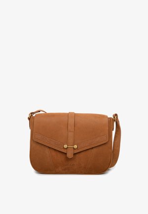 Brown leather crossbody bag with front flap, gold clasp, and adjustable shoulder strap on a white background.