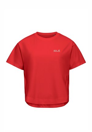 Rotes Sport-T-Shirt mit kurzen Ärmeln, Rundhalsausschnitt und kleinem weißem Jack Wolfskin-Logo auf der linken Brust.