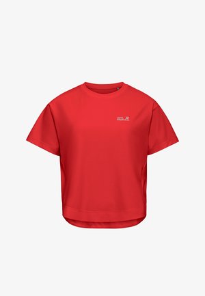 T-shirt de sport rouge à manches courtes avec col rond et petit logo blanc Jack Wolfskin sur la poitrine gauche.