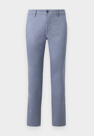 Chinos in cotone azzurro chiaro con vestibilità slim, dotati di chiusura a bottoni, passanti per cintura e tasche laterali, texture liscia e gambe dritte.