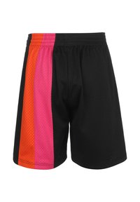 Black athletic shorts featuring orange and pink side panels, made from mesh fabric with a perforated texture for breathability.