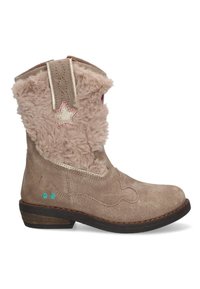 Tan suède enkellaarzen met nep bont voering, steraccent, lichtroze stiksels en een lage houten hak. Bevat turquoise stippen nabij de hak.