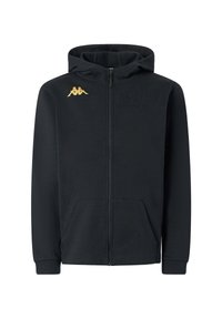 Felpa nera con zip realizzata in tessuto morbido, dotata di tasca a marsupio e di un logo Kappa dorato sul lato sinistro superiore.