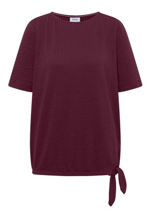 Bourgogne kortærmet tekstureret bluse med rund hals og sidesløjfe ved kanten.