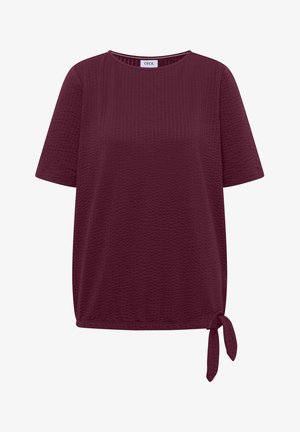 Bourgogne kortærmet tekstureret bluse med rund hals og sidesløjfe ved kanten.
