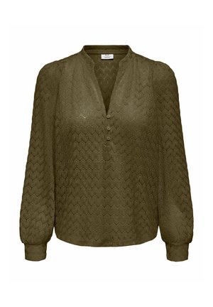 Olijfgroene blouse met lange mouwen en een gestructureerd geometrisch patroon, V-hals met drie knopen en geplooide manchetten.