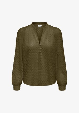 Blouse vert olive à manches longues avec motif géométrique texturé, col en V avec trois boutons et poignets froncés.