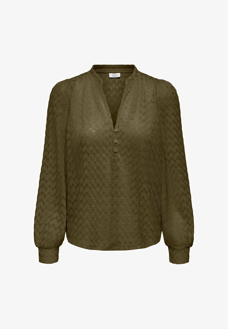 Blouse vert olive à manches longues avec motif géométrique texturé, col en V avec trois boutons et poignets froncés.