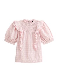 Rosa Baumwollbluse mit gerafftem Ausschnitt und Ärmeln, die dezente vertikale Streifen und einen strukturierten Stoff aufweist. Kurze Puffärmel.