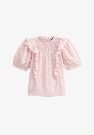 Rosa Baumwollbluse mit gerafftem Ausschnitt und Ärmeln, die dezente vertikale Streifen und einen strukturierten Stoff aufweist. Kurze Puffärmel.