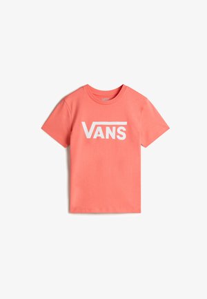 Koraalkleurig katoen t-shirt met korte mouwen, ronde halslijn en een groot wit "VANS" logo op de voorkant. Glad textuur, casual pasvorm.
