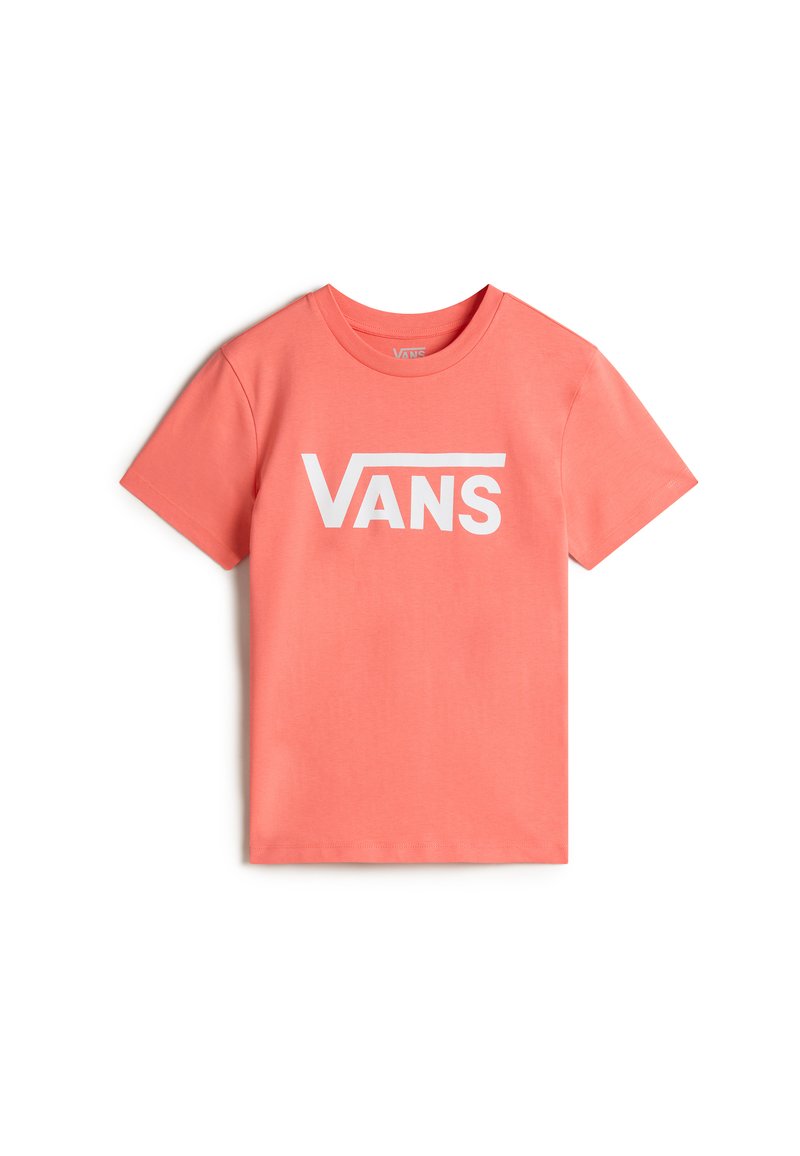 Korallinvärinen puuvillapaita lyhyillä hihoilla, pyöreä pääntie ja iso valkoinen "VANS" -logo edessä. Sileä rakenne, rento malli.