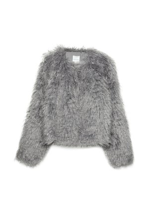 Siva skrajšana jakna iz umetnega krzna z dolgimi rokavi, ki ima mehak, teksturiran površino in okrogel ovratnik. Brez vidnih zaponk ali vzorcev.