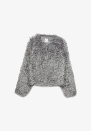 Graham geschnittene Kunstfelljacke in Grau mit langen Ärmeln, die eine weiche, strukturierte Oberfläche und einen runden Ausschnitt aufweist. Keine sichtbaren Verschlüsse oder Muster.