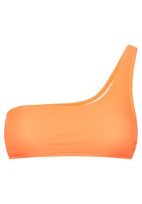 Oranžový bikiny top na jedno rameno vyrobený z hladkého materiálu. Obsahuje široký, jediný popruh a má čistý, jednoduchý dizajn.