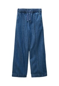 Pantalons en denim bleu à jambes larges avec taille élastique et cordon de serrage, présentant des poches latérales et des coutures verticales.