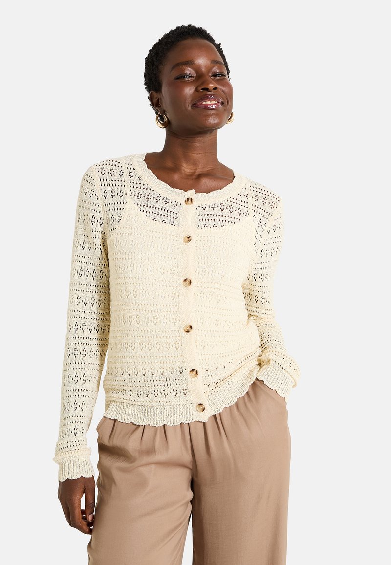 Cárdigan de punto crema con cuello circular, intrincado patrón de encaje, mangas largas y botones de madera en la parte delantera.